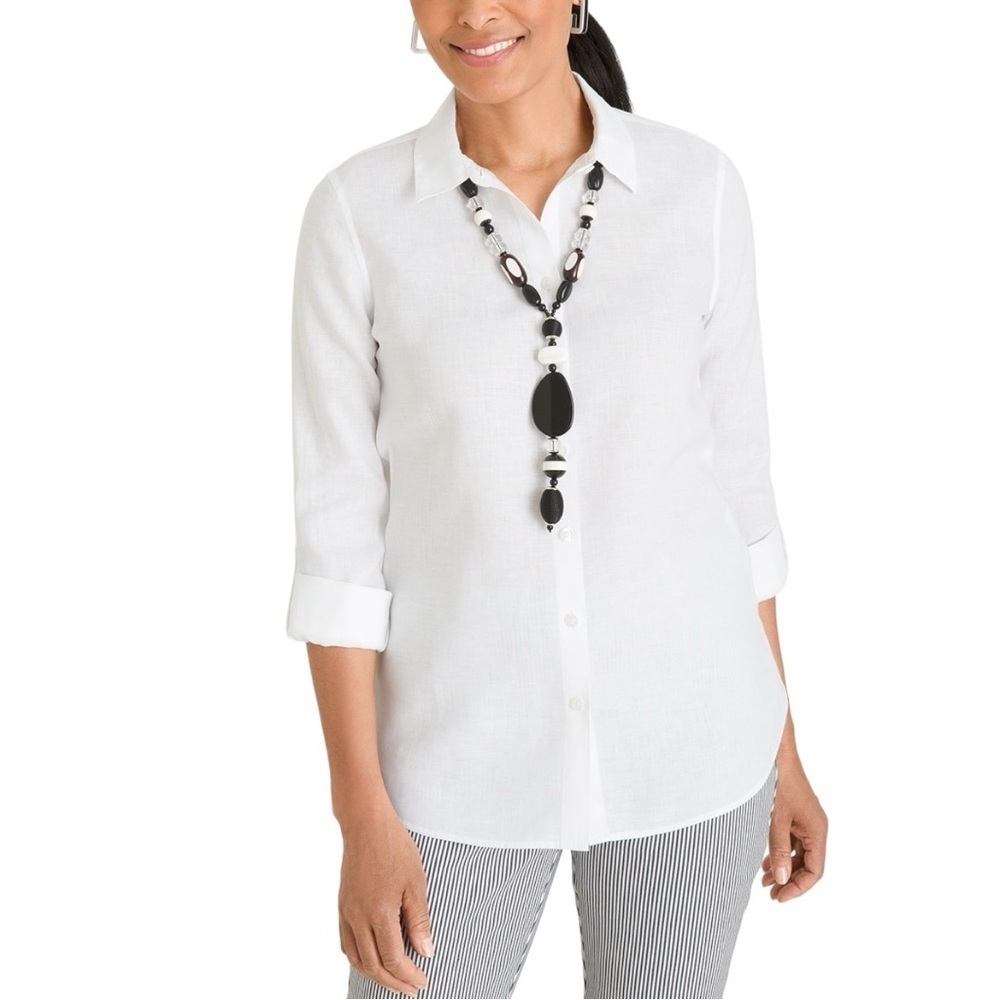 Chico’s Classic-Fit No-Iron Linen Shirt Long Sleeve White Button Up Top Small